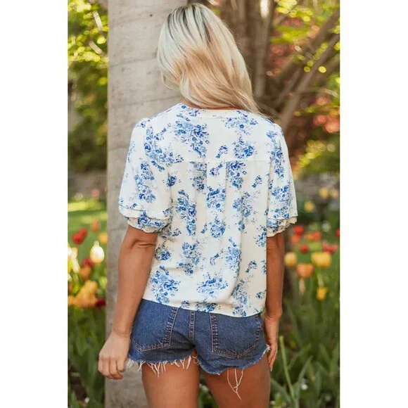 Sky Blue Floral Tiered Puff Short Sleeve Pleated Bust Buttoned Shirt Size Small - Picture 2 of 3